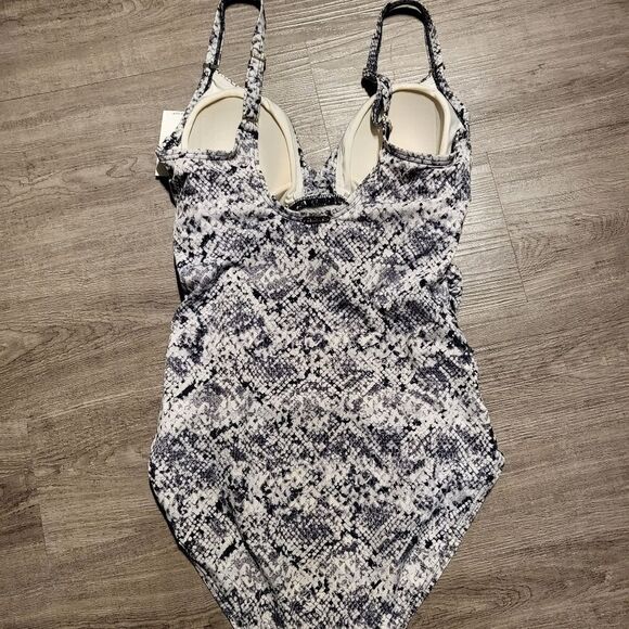 Calvin Klein Printed Plunge Swimsuit-BLACK WHITE-6 - Picture 5 of 8
